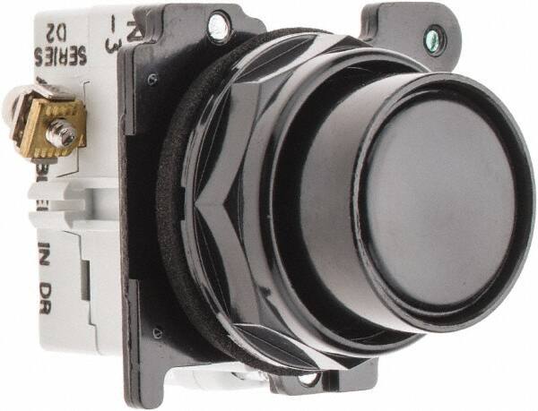 Eaton Cutler-Hammer - 30-1/2mm Mount Hole, Flush, Pushbutton Switch with Contact Block - Round, Black Pushbutton, Nonilluminated, Momentary (MO), Corrosion Resistant, Oiltight and Watertight - All Tool & Supply