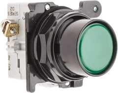 Eaton Cutler-Hammer - 30-1/2mm Mount Hole, Flush, Pushbutton Switch with Contact Block - Round, Green Pushbutton, Nonilluminated, Momentary (MO), Corrosion Resistant, Oiltight and Watertight - All Tool & Supply