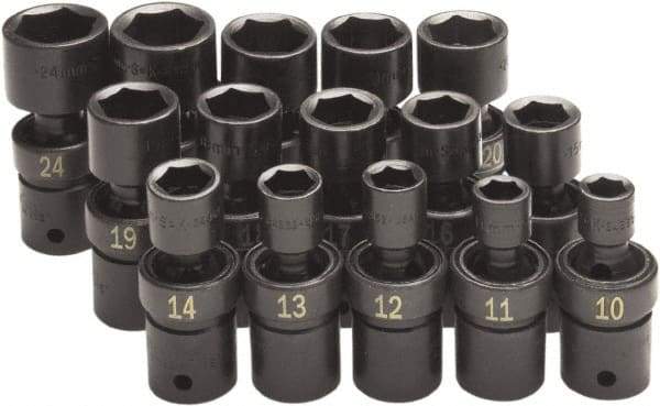 SK - 15 Piece 1/2" Drive Standard Impact Socket Set - 6 Points, 10 to 24mm, Metric Measurement Standard - All Tool & Supply