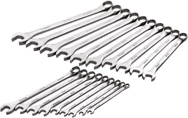 SK - 19 Piece, 6mm to 24mm, 12 Point Combination Wrench Set - Metric Measurement Standard, Full Polish Chrome Finish, Comes in Roll-Up Pouch - All Tool & Supply