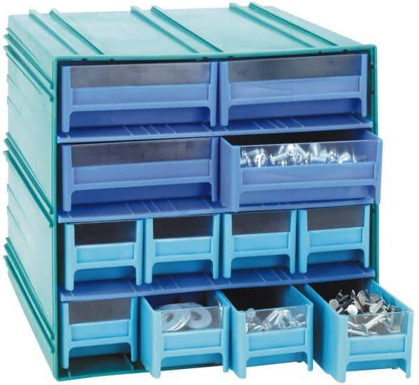 Quantum Storage - 14 Drawer, Gray, High Impact Styrene, Interlocking Storage Cabinet with Drawers - 11-3/4" Wide x 11-3/8" Deep x 11-1/8" High Body, (12) 2-3/4, (2) 5-5/8" Wide x 11" Deep x 2-1/2" High Drawers - All Tool & Supply