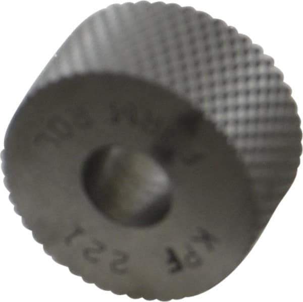 Made in USA - 3/4" Diam, 90° Tooth Angle, 21 TPI, Standard (Shape), Form Type High Speed Steel Female Diamond Knurl Wheel - 3/8" Face Width, 1/4" Hole, Circular Pitch, Series KP - Exact Industrial Supply