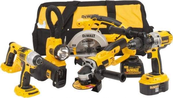 DeWALT - 17 Piece 18 Volt Cordless Tool Combination Kit - Includes 1/4" Impact Driver, 6-1/2" Circular Saw, Cut-Off Tool, Reciprocating Saw, 1/2" Hammer Drill, Battery Included - All Tool & Supply