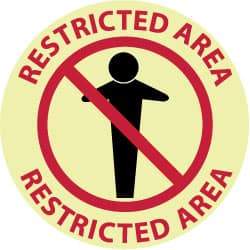 NMC - Restricted Area - Restricted Area, Anti-Skid Polyester Floor Sign - Round, Red & Black on Yellow (Glow), Adhesive Backed, For Security & Admittance - All Tool & Supply