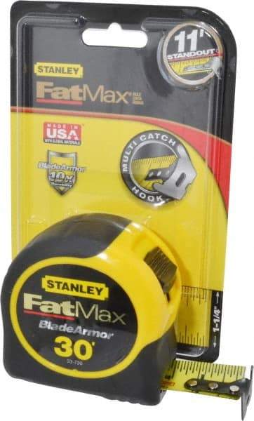 Stanley - 30' x 1-1/4" Yellow Blade Tape Measure - 1/16" Graduation, Inch Graduation Style, Yellow/Black Case - All Tool & Supply