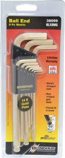 Bondhus - 9 Piece L-Key Ball End Hex Key Set - Hex Range 1.5 to 10mm, Steel - All Tool & Supply