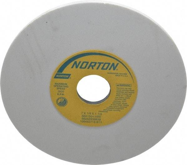 Norton - 7" Diam x 1-1/4" Hole x 1/4" Thick, L Hardness, 150 Grit Surface Grinding Wheel - Aluminum Oxide, Type 1, Very Fine Grade, 3,600 Max RPM, Vitrified Bond, No Recess - All Tool & Supply