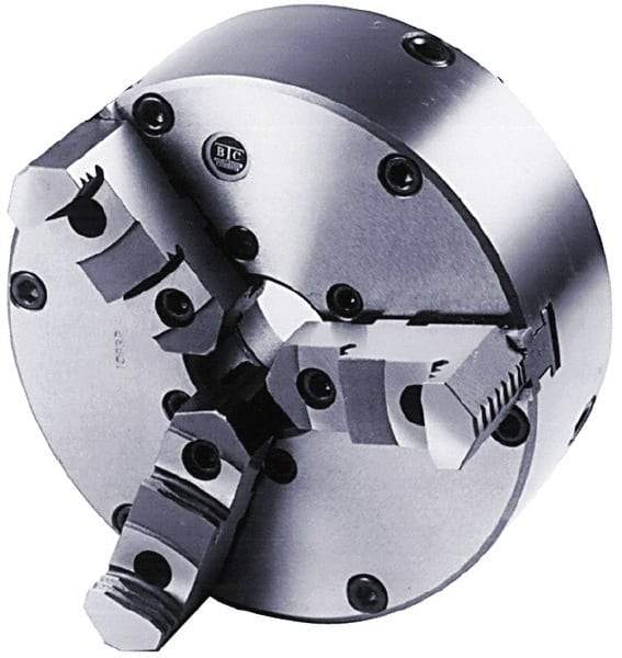 BTC - 3 Jaws, 8" Diam, Self Centering Manual Lathe Chuck - Plain Back Mount Spindle, Adjustable, Reversible, 3,100 Max RPM, 2.264" Through Hole Diam, Cast Iron - All Tool & Supply