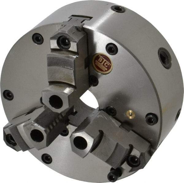 BTC - 3 Jaws, 6" Diam, Self Centering Manual Lathe Chuck - Plain Back Mount Spindle, Adjustable, Reversible, 3,400 Max RPM, 1.535" Through Hole Diam, Cast Iron - All Tool & Supply