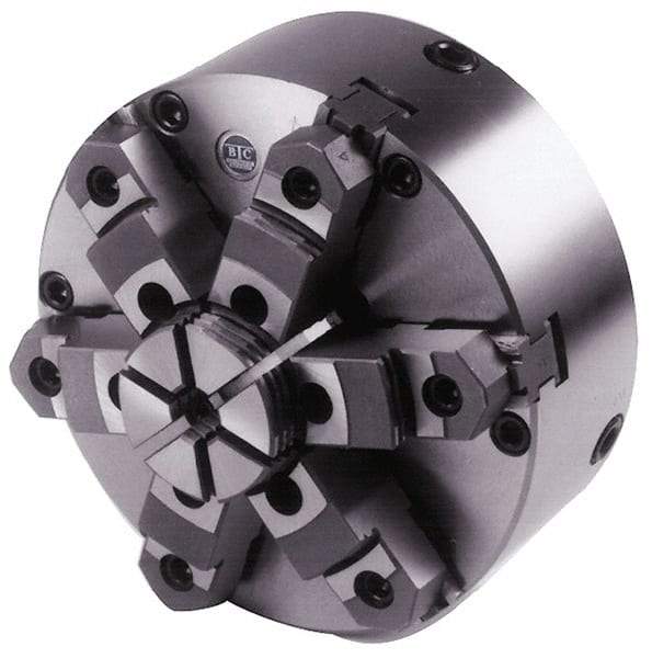 BTC - 6 Jaws, 10" Diam, Self Centering Manual Lathe Chuck - Plain Back Mount Spindle, Adjustable, Reversible, 1,900 Max RPM, 2.835" Through Hole Diam, Cast Iron - All Tool & Supply