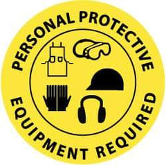 NMC - Personal Protective Equipment Required, Anti-Skid Pressure-Sensitive Vinyl Floor Sign - Round, Black on Yellow, Adhesive Backed, For Accident Prevention - All Tool & Supply