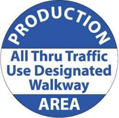 NMC - Production Area - All Thru Traffic Use DeFloor Signated Walkway, Anti-Skid Pressure-Sensitive Vinyl Floor Sign - Round, Blue on White, Adhesive Backed, For Security & Admittance - All Tool & Supply