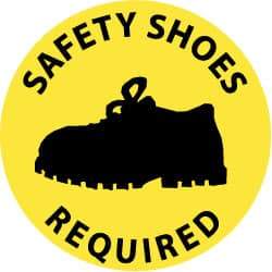 NMC - Safety Shoes Required, Anti-Skid Pressure-Sensitive Vinyl Floor Sign - Round, Black on Yellow, Adhesive Backed, For Accident Prevention - All Tool & Supply