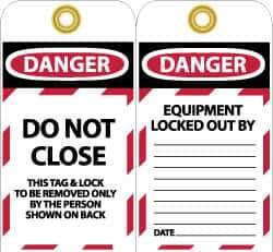 NMC - 3" High x 6" Long, DO NOT CLOSE, English Safety & Facility Lockout Tag - Tag Header: Danger, 2 Sides, Black, Red & White Unrippable Vinyl - All Tool & Supply