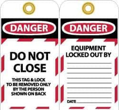 NMC - 3" High x 6" Long, DO NOT CLOSE, English Safety & Facility Lockout Tag - Tag Header: Danger, 2 Sides, Black, Red & White Unrippable Vinyl - All Tool & Supply