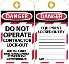 NMC - 3" High x 6" Long, DO NOT OPERATE CONTRATOR LOCK OUT, English Safety & Facility Lockout Tag - Tag Header: Danger, 2 Sides, Black, Red & White Unrippable Vinyl - All Tool & Supply