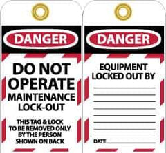 NMC - 3" High x 6" Long, DO NOT OPERATE MAINTENANCE LOCKOUT, English Safety & Facility Lockout Tag - Tag Header: Danger, 2 Sides, Black, Red & White Unrippable Vinyl - All Tool & Supply