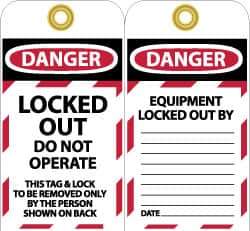 NMC - 3" High x 6" Long, LOCKED OUT - DO NOT OPERATE, English Safety & Facility Lockout Tag - Tag Header: Danger, 2 Sides, Black, Red & White Unrippable Vinyl - All Tool & Supply