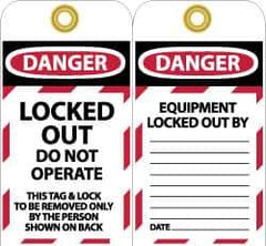 NMC - 3" High x 6" Long, LOCKED OUT - DO NOT OPERATE, English Safety & Facility Lockout Tag - Tag Header: Danger, 2 Sides, Black, Red & White Unrippable Vinyl - All Tool & Supply