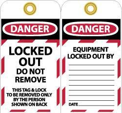 NMC - 3" High x 6" Long, LOCKED OUT - DO NOT REMOVE, English Safety & Facility Lockout Tag - Tag Header: Danger, 2 Sides, Black, Red & White Unrippable Vinyl - All Tool & Supply