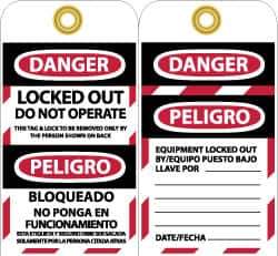 NMC - 3" High x 6" Long, DANGER - LOCKED OUT - DO NOT OPERATE - THIS TAG & LOCK TO BE REMOVED ONLY BY THE PERSON SHOWN ON BACK, English & Spanish Safety & Facility Lockout Tag - Tag Header: Danger, 2 Sides, Black, Red & White Vinyl - All Tool & Supply