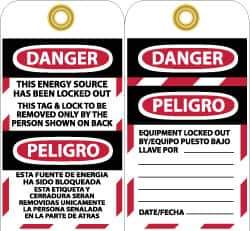 NMC - 3" High x 6" Long, DANGER - THIS ENERGY SOURCE HAS BEEN LOCKED OUT - THIS TAB & LOCK TO BE REMOVED ONLY BY THE PERSON SHOWN ON BACK, English & Spanish Safety & Facility Lockout Tag - Tag Header: Danger, 2 Sides, Black, Red & White Vinyl - All Tool & Supply