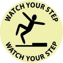 NMC - Watch Your Step - Watch Your Step, Anti-Skid Polyester Floor Sign - Round, Black on Yellow (Glow), Adhesive Backed, For Accident Prevention - All Tool & Supply