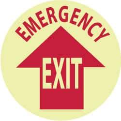 NMC - Emergency Exit, Anti-Skid Polyester Floor Sign - Round, Red on Glow (Yellow), Adhesive Backed, For Exit, Entrance & Directional - All Tool & Supply