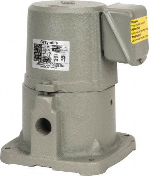 Graymills - 3/1.5 Amp, 115/230 Volt, 1/4 hp, 1 Phase, 3,450 RPM, Cast Iron Suction Machine Tool & Recirculating Pump - 20 GPM, 32 psi, 7-3/8" Long x 7-3/8" Mounting Flange Width, 9" Overall Height, Plastic Impeller, TEFC Motor - All Tool & Supply