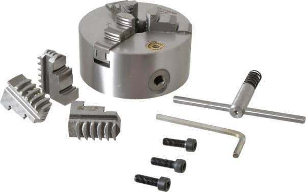 Bison - 3 Jaws, 5" Diam, Self Centering Manual Lathe Chuck - Plain Back Mount Spindle, 3,200 Max RPM, 1.2598" Through Hole Diam, 0.0008" Axial Runout, 0.0012" Radial Runout, Cast Iron - All Tool & Supply