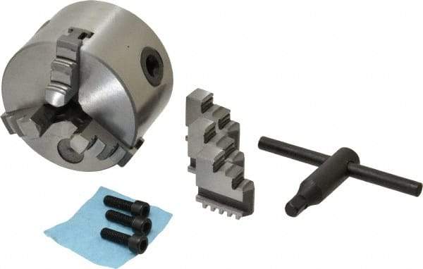 Interstate - 3 Jaws, 3" Diam, Self Centering Manual Lathe Chuck - Plain Back Mount Spindle, 0.6299" Through Hole Diam, 0.003" Axial Runout, Cast Iron - All Tool & Supply