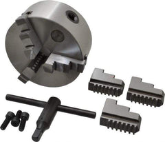 Interstate - 3 Jaws, 5" Diam, Self Centering Manual Lathe Chuck - Plain Back Mount Spindle, 1.1811" Through Hole Diam, 0.003" Axial Runout, Cast Iron - All Tool & Supply