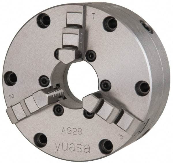 Yuasa - 3 Jaws, 4" Diam, Self Centering Manual Lathe Chuck - Plain Back Mount Spindle, Adjustable, 1.2598" Through Hole Diam, 0.0005" Axial Runout, Cast Iron - All Tool & Supply