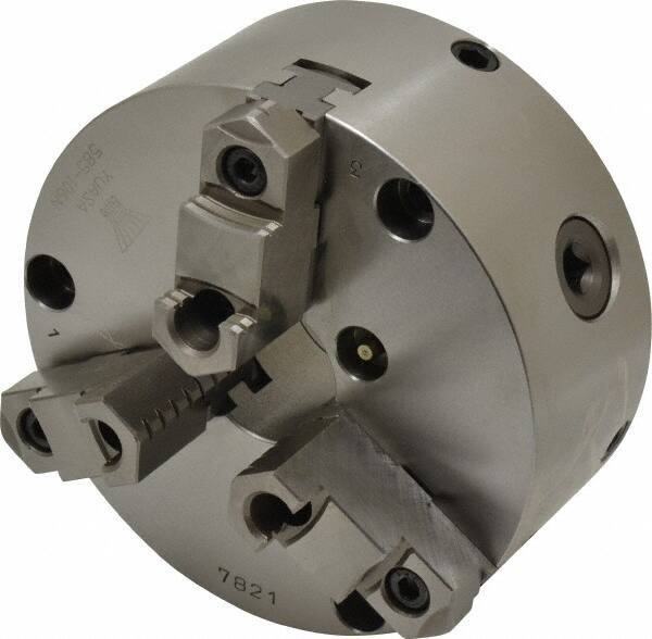 Yuasa - 3 Jaws, 6" Diam, Self Centering Manual Lathe Chuck - Plain Back Mount Spindle, Adjustable, Reversible, 1.7323" Through Hole Diam, 0.0005" Axial Runout, Cast Iron - All Tool & Supply