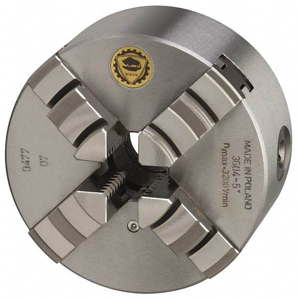 Bison - 4 Jaws, 8" Diam, Self Centering Manual Lathe Chuck - Plain Back Mount Spindle, 2,500 Max RPM, 2.1654" Through Hole Diam, 0.001" Axial Runout, 0.0016" Radial Runout, Cast Iron - All Tool & Supply