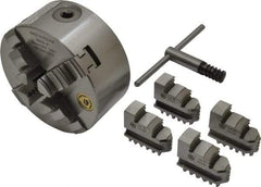 Bison - 4 Jaws, 5" Diam, Self Centering Manual Lathe Chuck - Plain Back Mount Spindle, 3,200 Max RPM, 9.921" Through Hole Diam, 0.0008" Axial Runout, 0.0012" Radial Runout, Cast Iron - All Tool & Supply