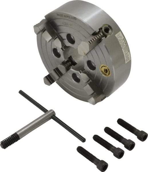 Bison - 4 Jaws, 6" Diam, Independent Manual Lathe Chuck - Plain Back Mount Spindle, Reversible, 3,200 Max RPM, 1.6535" Through Hole Diam, Cast Iron - All Tool & Supply