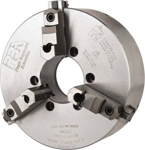 Pratt Burnerd America - 3 Jaws, 12" Diam, Self Centering Manual Lathe Chuck - Plain Back Mount Spindle, Adjustable, Reversible, 2,300 Max RPM, 4.06" Through Hole Diam, Forged Steel - All Tool & Supply