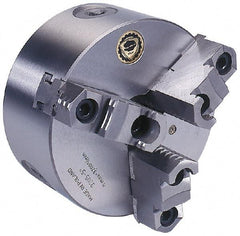 Bison - 3 Jaws, 8" Diam, Self Centering Manual Lathe Chuck - Plain Back Mount Spindle, Reversible, 4,000 Max RPM, 2.1654" Through Hole Diam, 0.0018" Axial Runout, 0.0016" Radial Runout, Forged Steel - All Tool & Supply