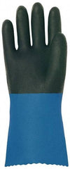 MAPA Professional - Size M (7), 12" Long, Supported, Neoprene Chemical Resistant Gloves - Textured Finish, Cotton Interlock Knit Lined, Gauntlet Pinked Cuff, Black/Blue - All Tool & Supply