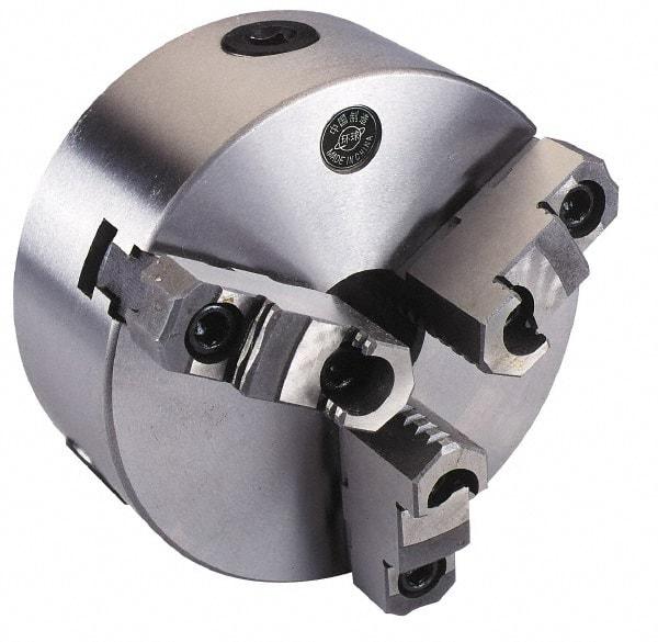 Interstate - 3 Jaws, 10" Diam, Self Centering Manual Lathe Chuck - Plain Back Mount Spindle, Reversible, 3.1496" Through Hole Diam, 0.003" Axial Runout, Cast Iron - All Tool & Supply