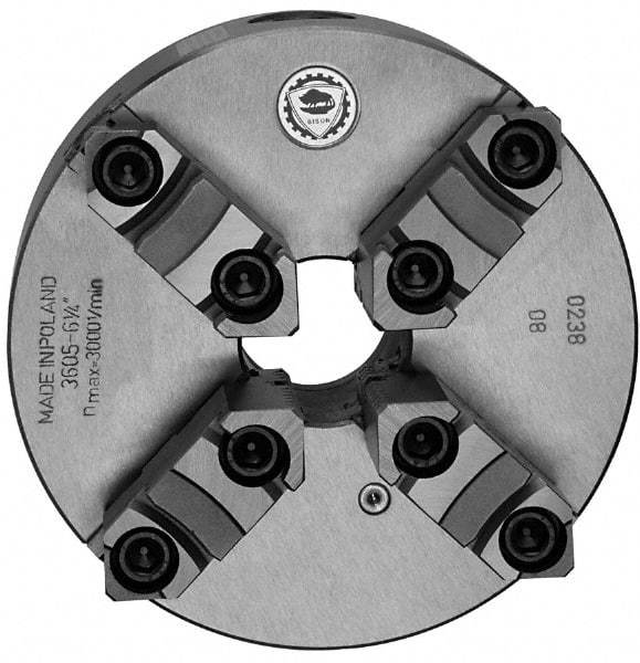 Bison - 4 Jaws, 6" Diam, Self Centering Manual Lathe Chuck - Plain Back Mount Spindle, Reversible, 3,000 Max RPM, 1.6535" Through Hole Diam, 0.0012" Axial Runout, 0.0015" Radial Runout, Cast Iron - All Tool & Supply