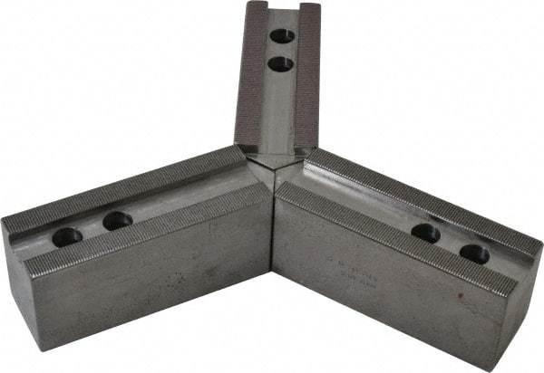 H & R Manufacturing - 12" & Up Chuck Capacity, 1.5mm x 60° Serrated Attachment, Square Soft Lathe Chuck Jaw - 3 Jaws, Steel, 1.181" Btw Mount Hole Ctrs, 6-1/4" Long x 2" Wide x 2-1/2" High, 0.827" Groove, 0.6299" & 16mm Fastener - All Tool & Supply