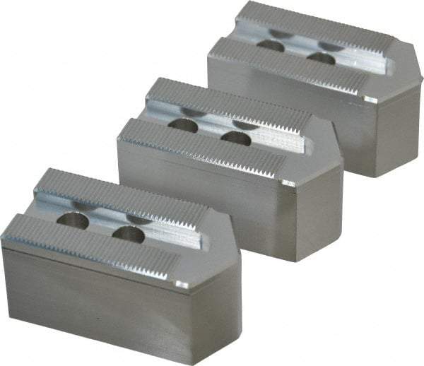 Masterman & Kovil - 6" Chuck Capacity, 1.5mm x 60° Serrated Attachment, Square Soft Lathe Chuck Jaw - 3 Jaws, Aluminum, 0.787" Btw Mount Hole Ctrs, 3mm Long x 1-1/2" Wide x 1-1/2" High, 0.473" Groove, 10mm Fastener - All Tool & Supply