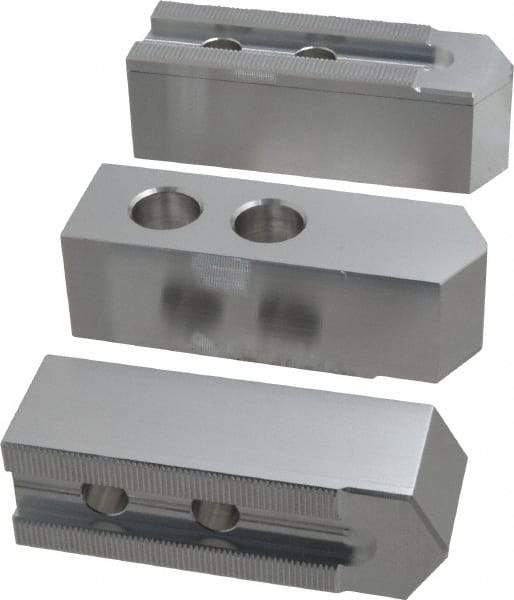 Masterman & Kovil - 10" Chuck Capacity, 1.5mm x 60° Serrated Attachment, Square Soft Lathe Chuck Jaw - 3 Jaws, Aluminum, 1.181" Btw Mount Hole Ctrs, 4.6mm Long x 1-1/2" Wide x 1-1/2" High, 0.63" Groove, 12mm Fastener - All Tool & Supply