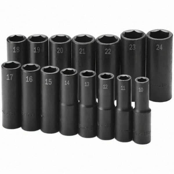 SK - 1/2" Drive Deep Impact Socket Set - 10 to 24mm, Metric Measurement Standard - All Tool & Supply