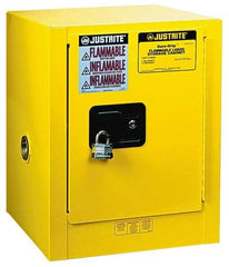 Justrite - 1 Door, 1 Shelf, Yellow Steel Bench Top Safety Cabinet for Flammable and Combustible Liquids - 22" High x 17" Wide x 17" Deep, Manual Closing Door, 4 Gal Capacity - All Tool & Supply