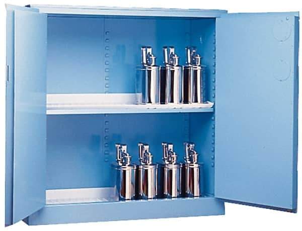 Justrite - 2 Door, 2 Shelf, Blue Steel Standard Safety Cabinet for Corrosive Chemicals - 65" High x 34" Wide x 34" Deep, Manual Closing Door, 3 Point Key Lock, 60 Gal Capacity - All Tool & Supply