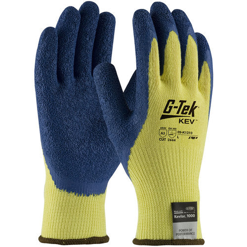 ‎09-K1310/M Gloves w/Kevlar Brand - G-Tek KEV - 100% Kevlar 10G Yellow Shell - Blue Latex Crinkle Grip - A3