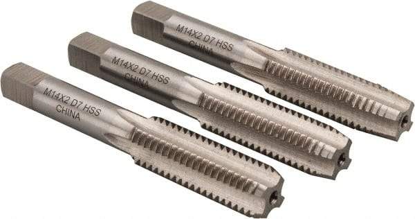 Interstate - M14x2.00 Metric Coarse, 4 Flute, Bottoming, Plug & Taper, Bright Finish, High Speed Steel Tap Set - Right Hand Cut, 3-19/32" OAL, 1-21/32" Thread Length - All Tool & Supply